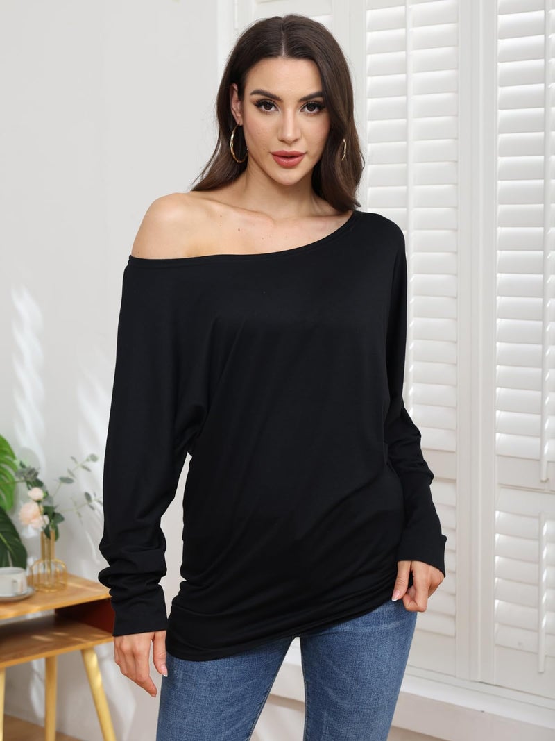 Poetsky Off Shoulder Shirts for Women Dolman Long Sleeve Tops Oversized Blouse Pullover, Black, L - Image 4